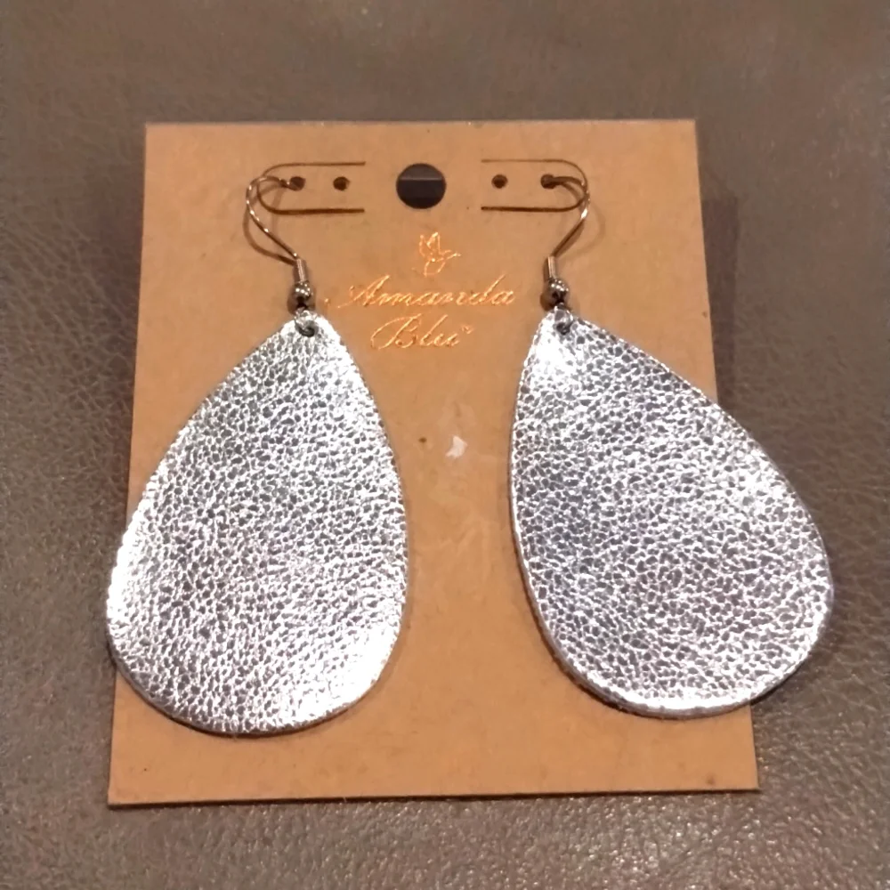 Silver Teardrop Dangle Earrings- Leather - Amanda Blue - Picture 1 of 8